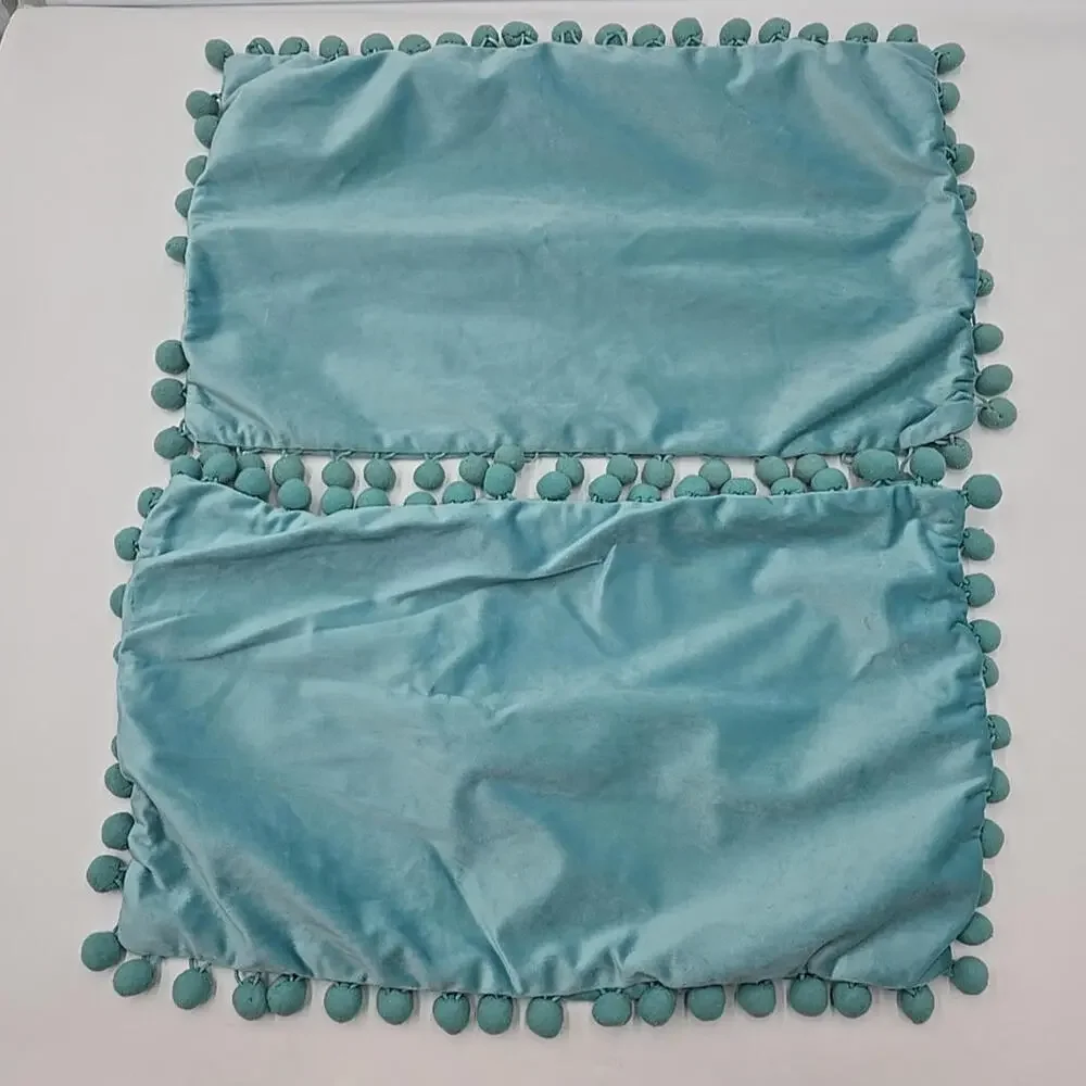 2 Velvet Throw Pillow Covers Mint Green‎ Pompom 70's Pillowcases 12x20